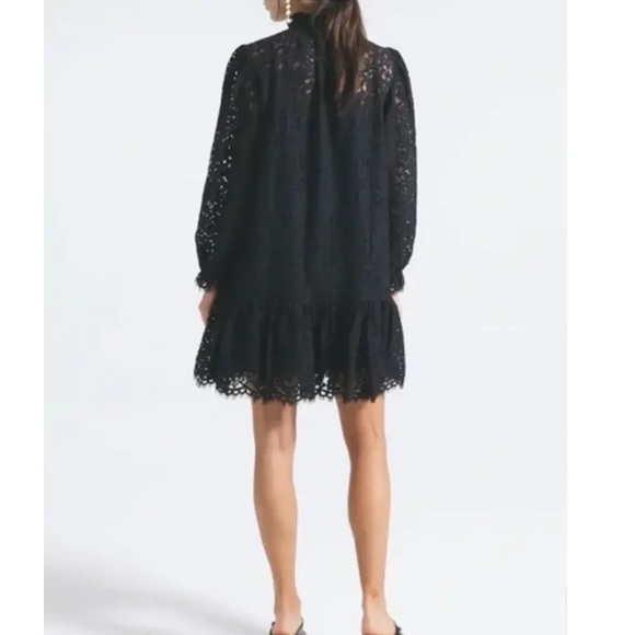 J Crew Black Lace Ruffle Balloon Sleeve Mock Neck Mini Dress - Picture 2 of 6